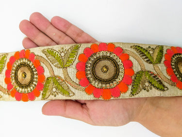 Beige Art Silk Lace Trim, Floral Embroidery in Green, Pink and Orange
